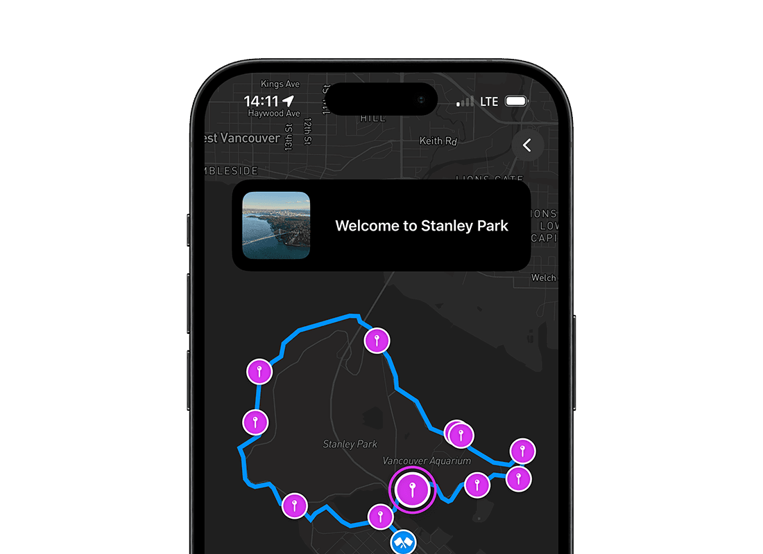 A planned loop around Stanley Park with its stops marked along the way